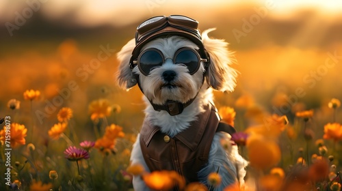 Adorable dog is wearing vintage aviator sunglasses, cute caboodle puppy in beautiful flower field with sunlight. Pet animal in costume joke message greeting card concept