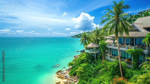 Luxurious panoramic scene featuring an exotic resort with villas on a stunning beach, set against the backdrop of a turquoise seascape