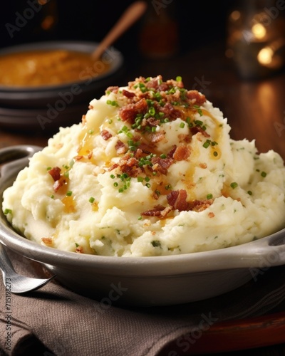 An explosion of flavors awaits with cheesy mashed potatoes accompanied by crispy, sizzled bacon crumbles, resulting in a delightful union of smoky, creamy, and savoury notes that are impossible