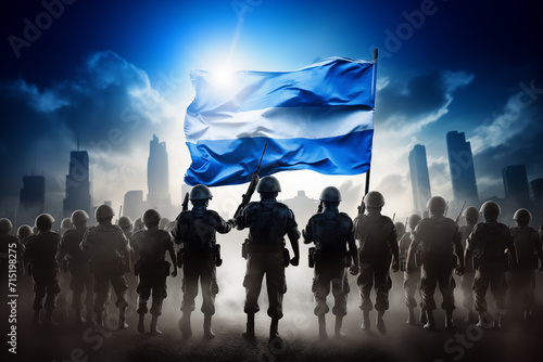 Standing in front of Israel flag Israeli military protects its people country from aggression AI Generation photo