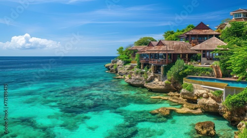 Luxurious panoramic view from an exotic resort against a backdrop of turquoise seascape. Villas adorn a beautiful beach nestled along the ocean © Matthew