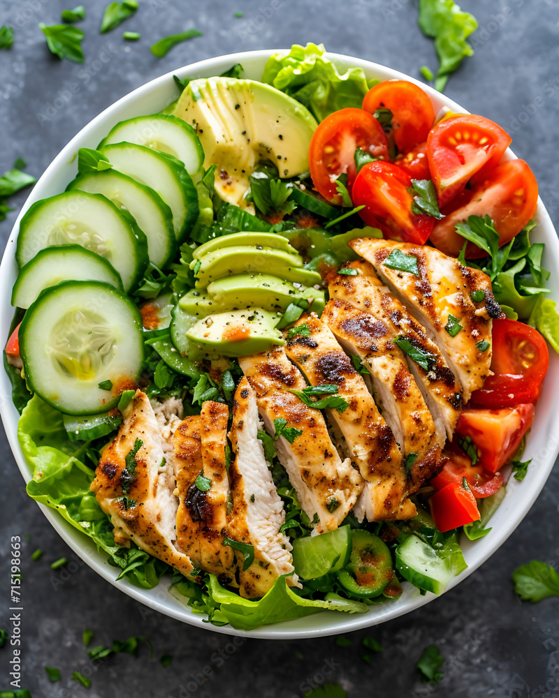 Grilled chicken salad on a white plate surrounded by celery leaves on a dark cement table Grilled chicken salad on a white plate surrounded by celery leaves on a dark cement table