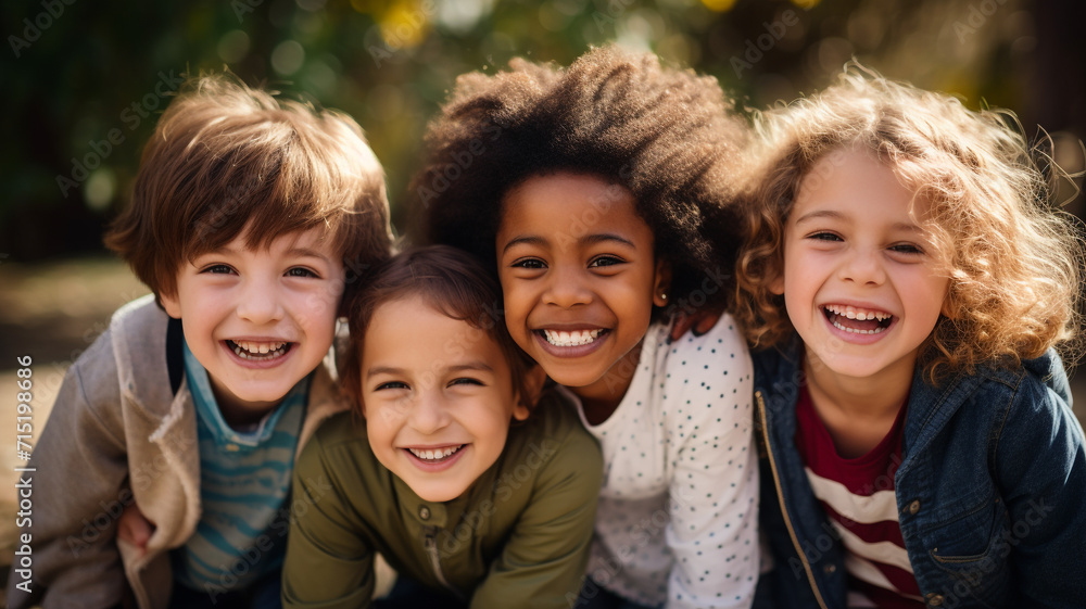 Fototapeta premium Group of diverse cheerful fun happy multiethnic children outdoors in the sunshine