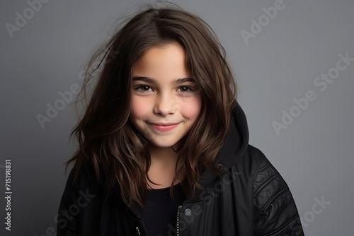 Portrait of a beautiful teenager girl in a black leather jacket.