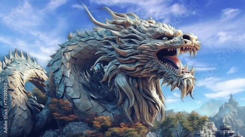 background of Chinese dragon on a rock with a clear sky photo