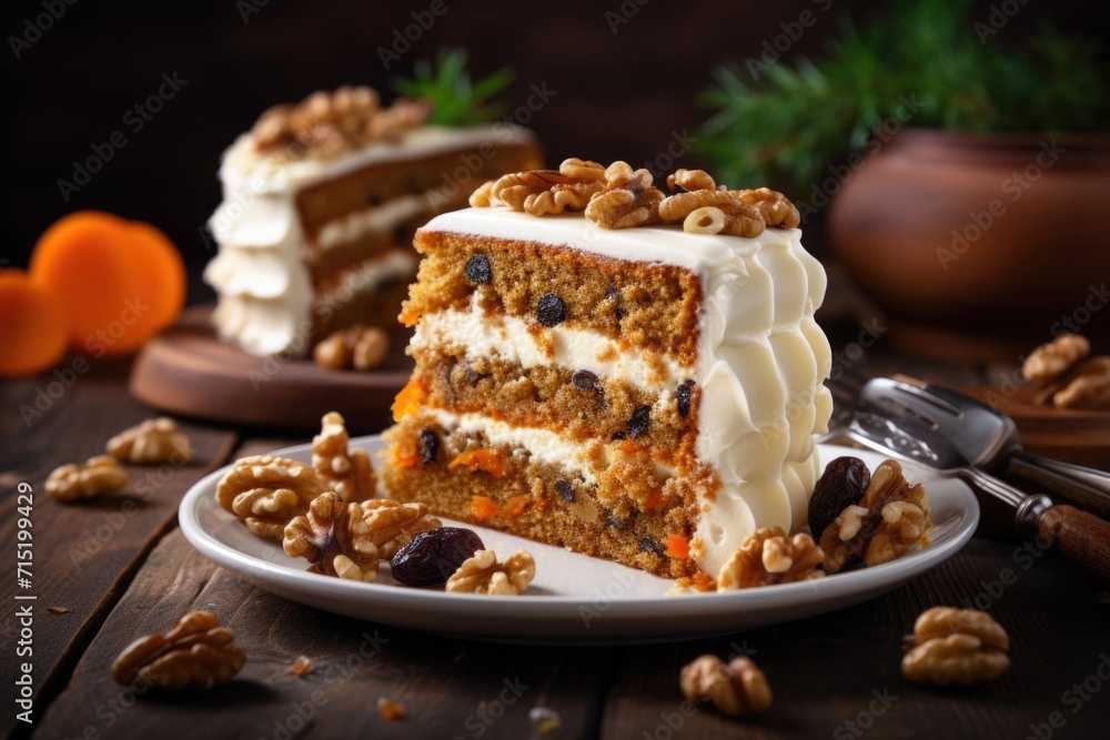 A captivating shot showcasing a slice of carrot cake with a luscious filling of crushed walnuts and plump raisins. The combination of these ingredients adds contrasting textures and bursts A captivating shot showcasing a slice of carrot cake with a luscious filling of crushed walnuts and plump raisins. The combination of these ingredients adds contrasting textures and bursts