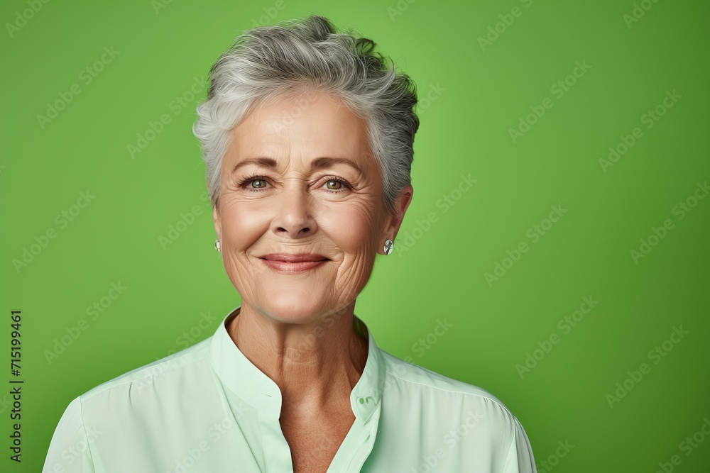 Portrait of a happy senior woman looking at camera against green background Portrait of a happy senior woman looking at camera against green background