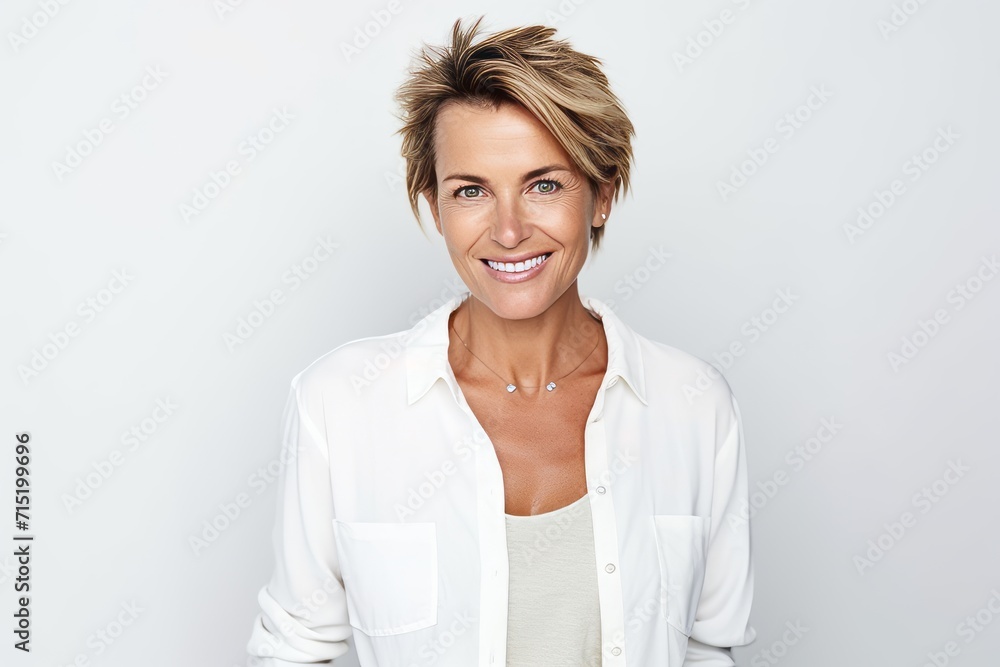 Portrait of beautiful middle aged woman with short hair smiling at camera Portrait of beautiful middle aged woman with short hair smiling at camera
