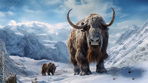 Marvel at the lifelike depiction of a 3D-rendered woolly rhinoceros, set against a backdrop of the Ice Age, complete with snowy landscapes and frozen tundra. © Qayyum Art