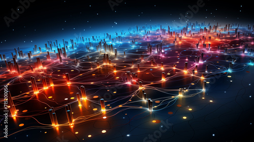 A visually captivating image of a futuristic network landscape with glowing nodes and dynamic connections against a dark backdrop with star-like lights. 