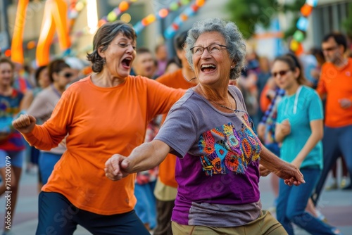 senior people dance on the street in fun festival pragma , happy retirement concept