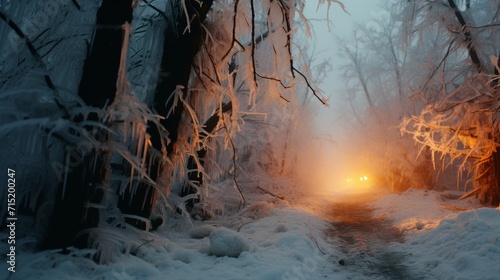 Mystical Winter Path with Glowing Light Through Trees