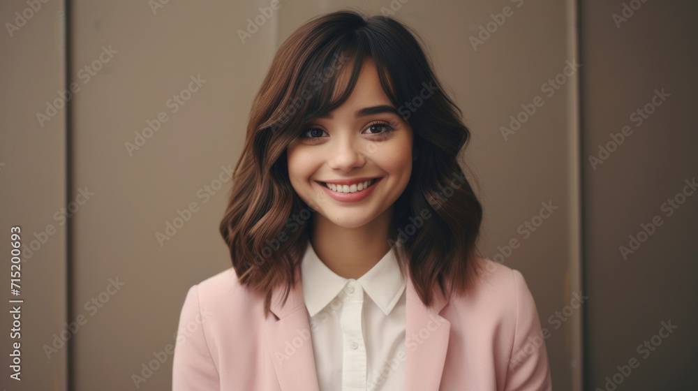 Portrait of a young woman with a captivating smile, short wavy hair, and a pink blazer over a white blouse, exuding confidence and joy. Portrait of a young woman with a captivating smile, short wavy hair, and a pink blazer over a white blouse, exuding confidence and joy.