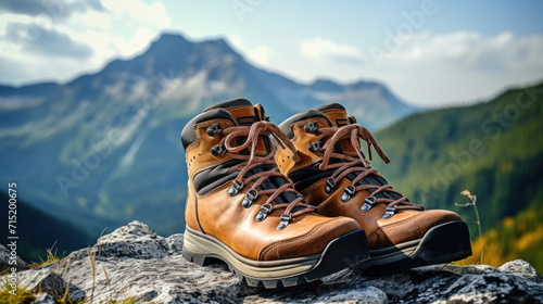 A pair of robust hiking boots poised on a rocky summit with a breathtaking mountain view, symbolizing adventure and exploration.