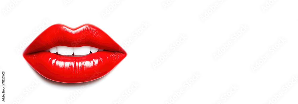 Banner of 3D realistic smiling glossy red lips on white. cosmetic, fashion, and romantic designs. Open mouth with teeth, lipstick promotion. Banner of 3D realistic smiling glossy red lips on white. cosmetic, fashion, and romantic designs. Open mouth with teeth, lipstick promotion.