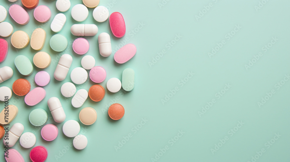 Assorted pastel-colored medication pills on a soft mint green background, indicative of gentle healthcare.
