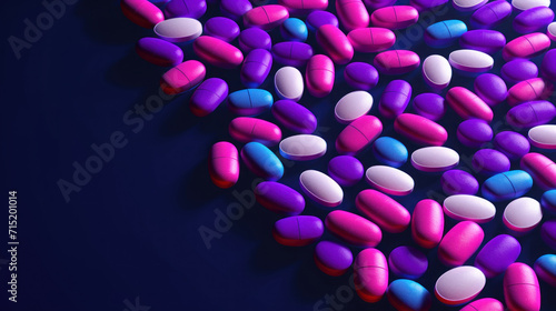 A collection of various colorful pills and capsules displayed on a dark blue background, highlighting medical diversity.