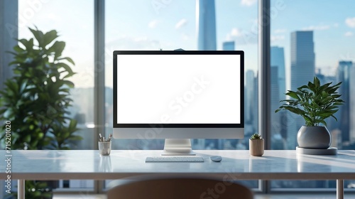 Mockup up computer monitor on desk in office overlooking city, AI-generative