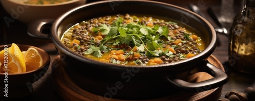 Velvety and aromatic lentil soup, simmered with fragrant es and finished with a drizzle of lemon juice, creating a comforting and soulwarming bowl of goodness. photo