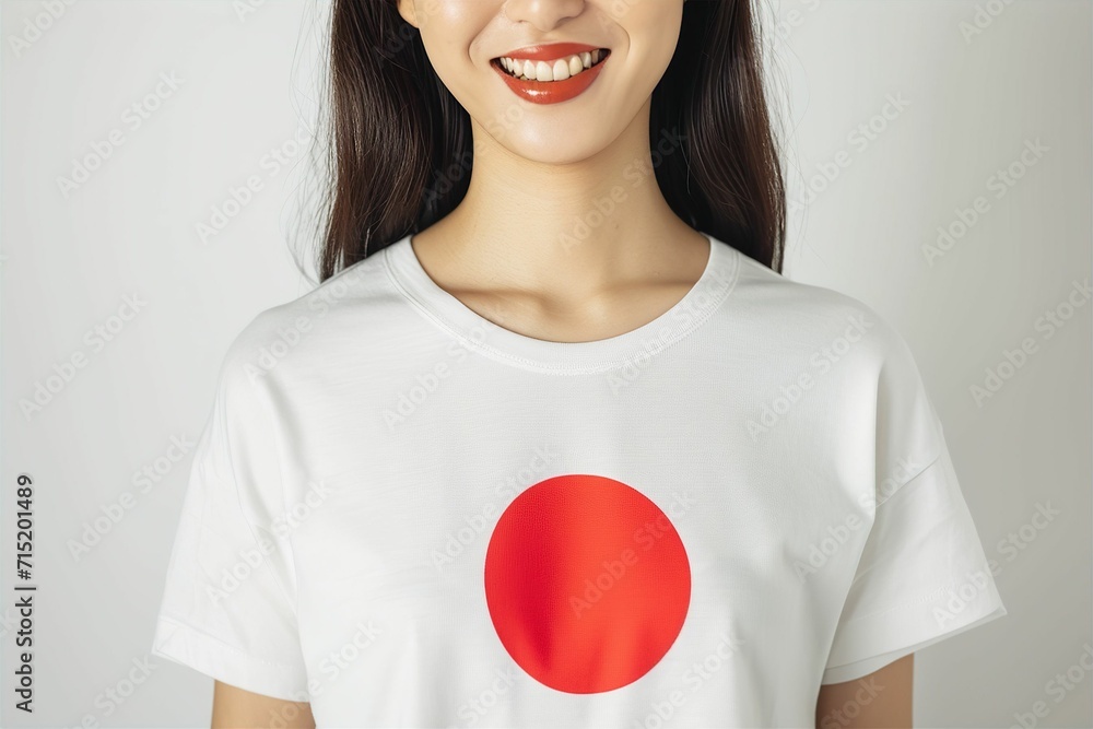 日本の国旗の洋服を着て日本を応援する笑顔の日本人女性ポートレート（白背景・オリンピック・日本代表・ワールドカップ・世界大会・スポーツ・ファン ...