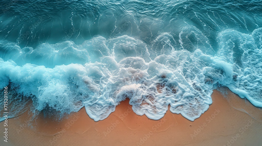 Obraz premium Beautiful blue ocean waves on clean sandy beach background. Summer vacation background concept.