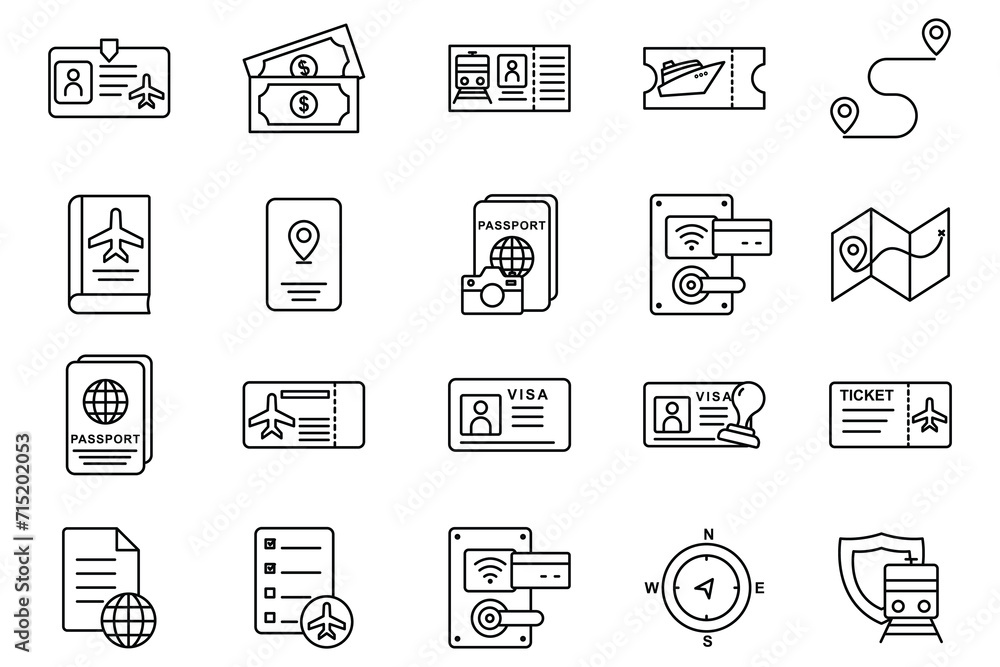 travel document icon set. passport, boarding pass, visa, road map, id card, etc. line icon style design. simple vector design editable. element illustration