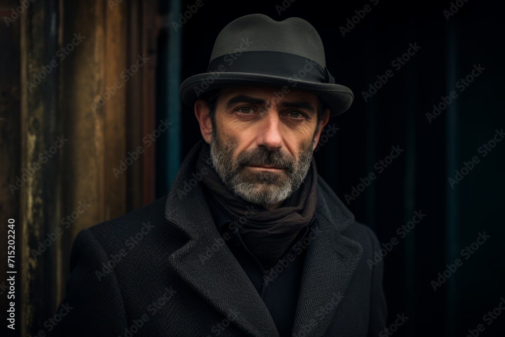 Portrait of a bearded man in a black coat and hat. Men's beauty, fashion. Portrait of a bearded man in a black coat and hat. Men's beauty, fashion.