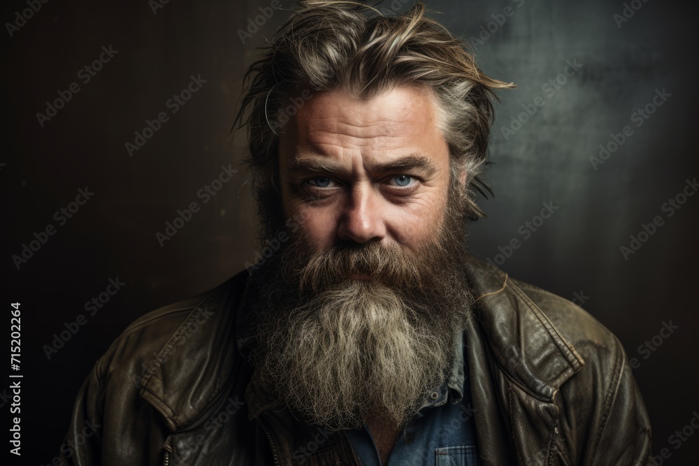 Portrait of a handsome man with long beard and mustache in leather jacket on dark background Portrait of a handsome man with long beard and mustache in leather jacket on dark background
