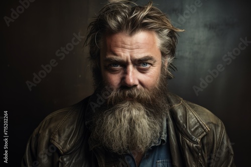 Portrait of a handsome man with long beard and mustache in leather jacket on dark background