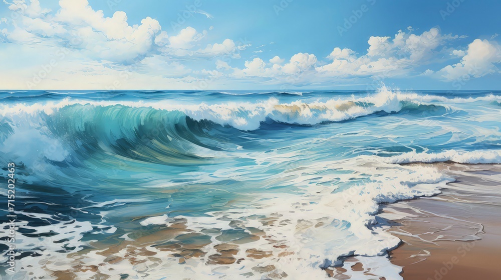Beautiful blue ocean waves on clean sandy beach background. Summer vacation illustration concept.