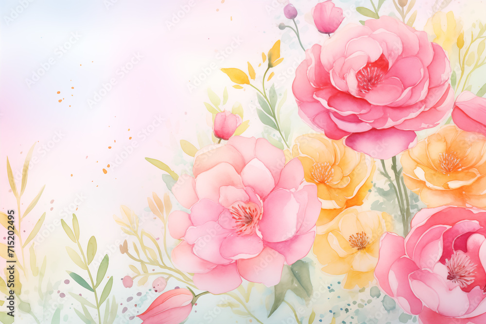 Beautiful watercolor Mothers Day or Womens Day background or banner. Delicate flowers with copy space