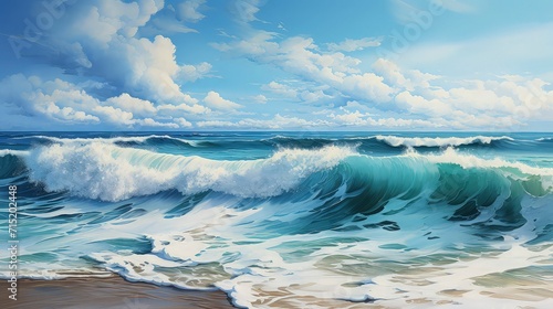 Beautiful blue ocean waves on clean sandy beach background. Summer vacation illustration concept.