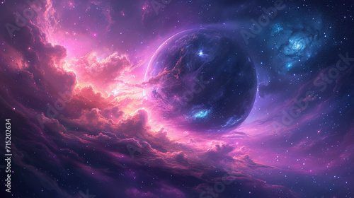 Vibrant cosmic nebula with a swirling mix of pink, blue, and purple hues