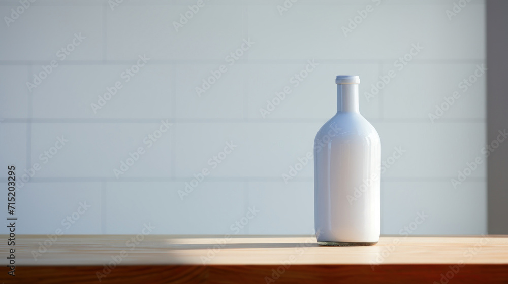 A minimalist white bottle stands on a wooden surface against a clean, bright background, evoking simplicity and modern design. A minimalist white bottle stands on a wooden surface against a clean, bright background, evoking simplicity and modern design.