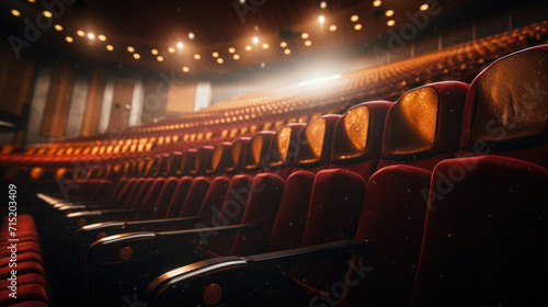 An empty theater with luxurious red seats under a captivating golden glow, evoking anticipation for a performance.