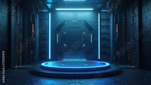 Featuring a futuristic concept illuminated by neon lights, the centrally positioned background podium for product display exudes sophistication, robotics, and gaming vibes.