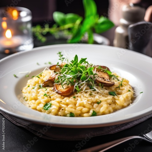 Risotto with garnish as fresh herbs, parmesan cheese and mushrooms on white plate,cozy background, close up