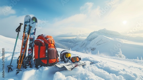 Ski Gear on Snowy Mountain. © Peeradontax