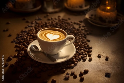 Artistic depiction of a heart-shaped cappuccino and coffee beans on a cafe table. Generative AI