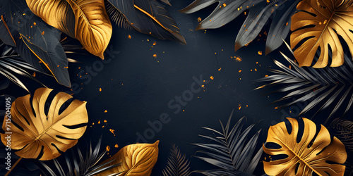 Collection of tropical leaves in gold color on black space background. Abstract leaf decoration design  empty center  copy space  Generative Ai