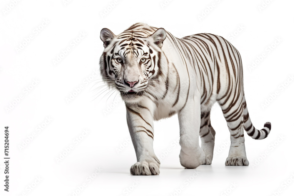 Image of white tiger on white background. Wildlife Animals, Mammals, Illustration, Generative AI. Image of white tiger on white background. Wildlife Animals, Mammals, Illustration, Generative AI.