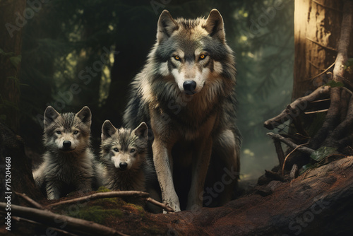 Family of wolf in the forest, Mammals, Wildlife Animals. Illustration, Generative AI.