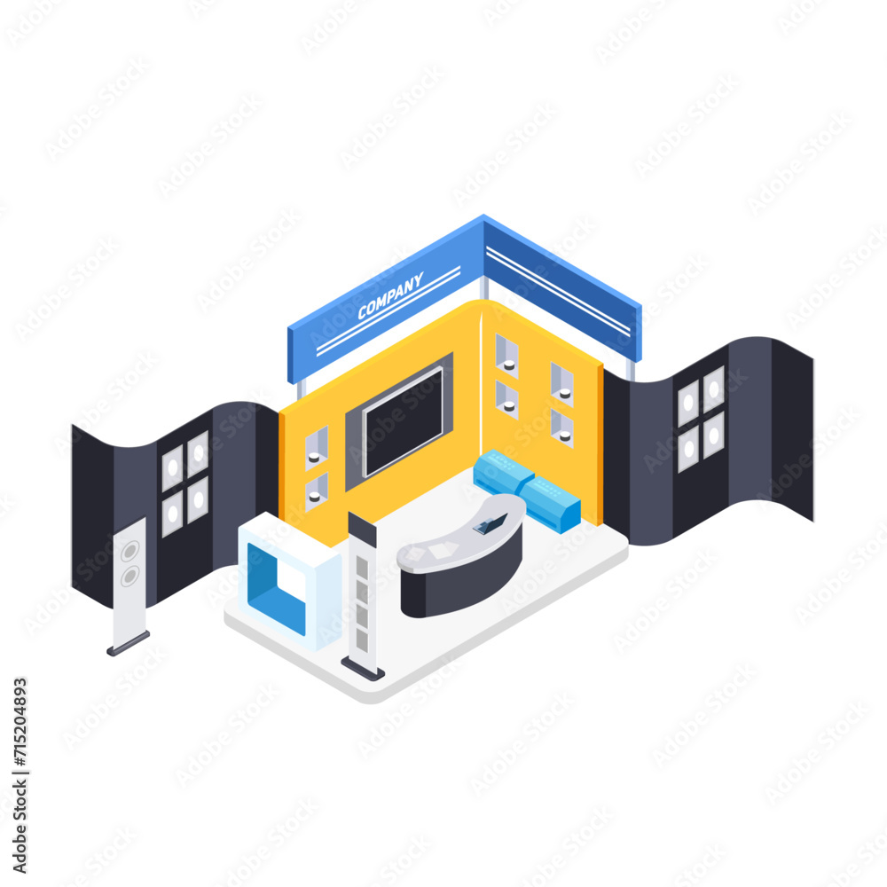 Isometric expo demonstration presentation promo stand. Exhibition educational and promo information stand with expo consultant vector 3d illustration. Isometric expo demonstration presentation promo stand. Exhibition educational and promo information stand with expo consultant vector 3d illustration.