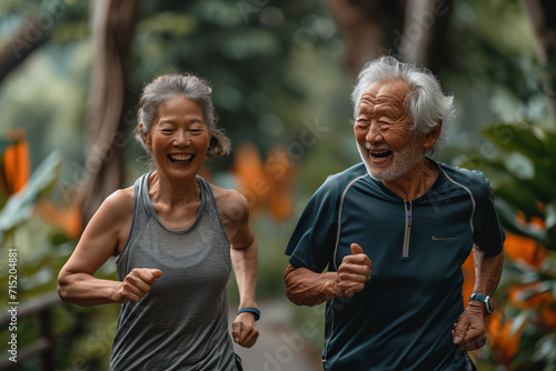 Elderly couple, smiles lighting their faces, jog together, embracing a vibrant, healthy lifestyle—proof that age is no barrier to vitality and longevity.