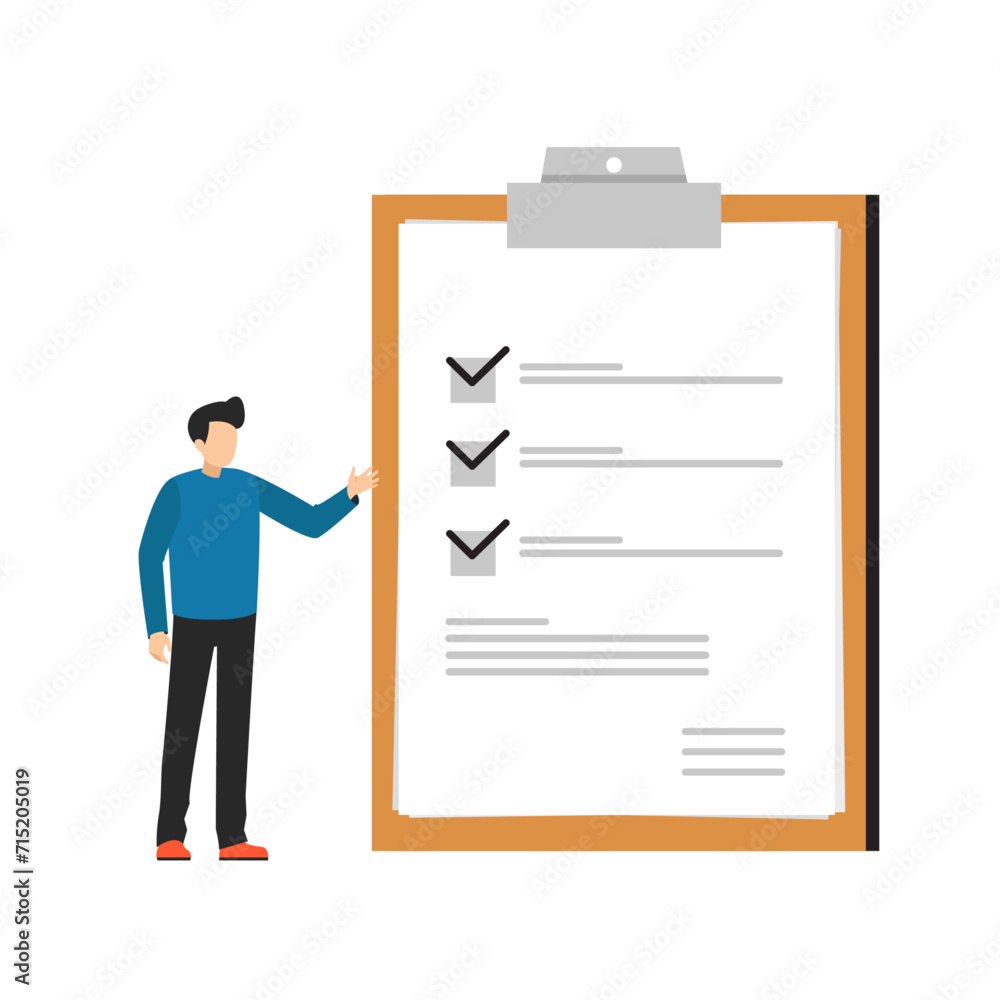 Businessman and do checkmark on whiteboard survey questionnaire progress or project completion, finish work task goal concept vector illustration Businessman and do checkmark on whiteboard survey questionnaire progress or project completion, finish work task goal concept vector illustration