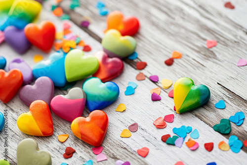 traditional Valentine's Day elements with LGBTQ+ pride, such as rainbow-colored hearts, to convey a message of love and unity for the entire spectrum of identities