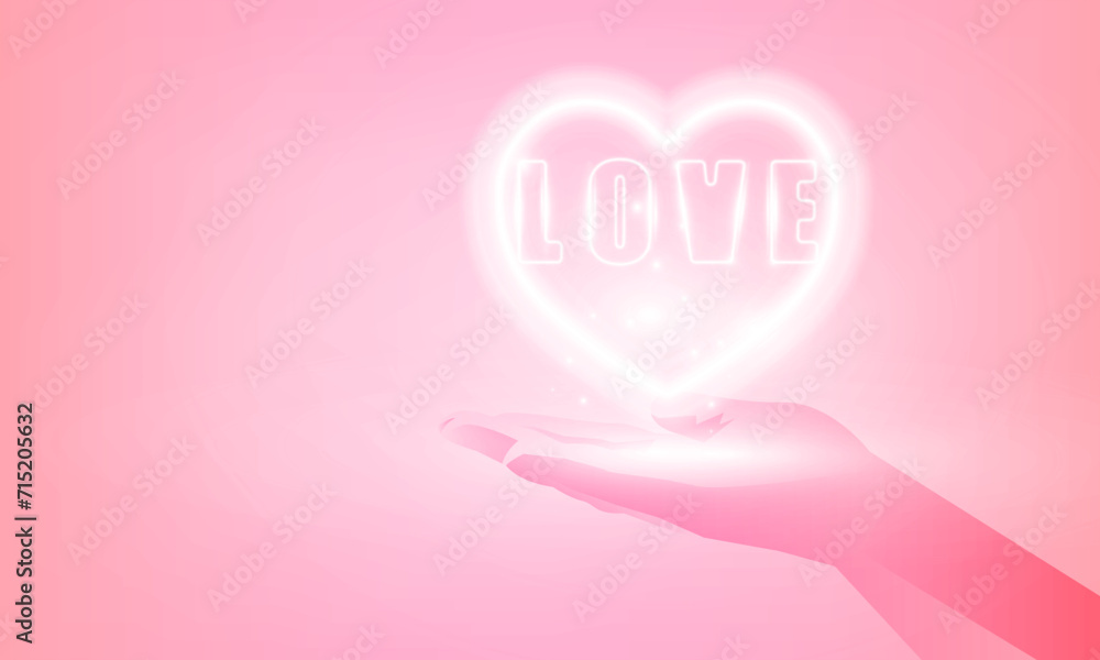 Abstract Happy Valentine's days hand holding neon heart pink background with for vector poster design