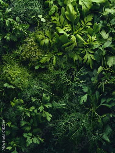 A vibrant display of green plants and herbs on a wall. Generative AI.
