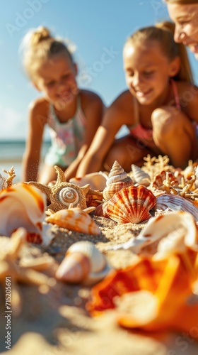 A joyful trio of girls collecting seashells on the beach. Generative AI.