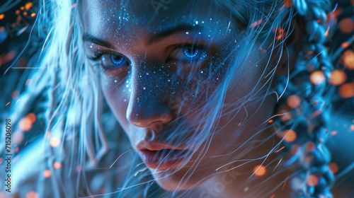 A closeup of a woman with intricately braided silver hair and glowing blue contact lenses. Holographic sparks burst from her fingertips, creating a dynamic and rebellious look.